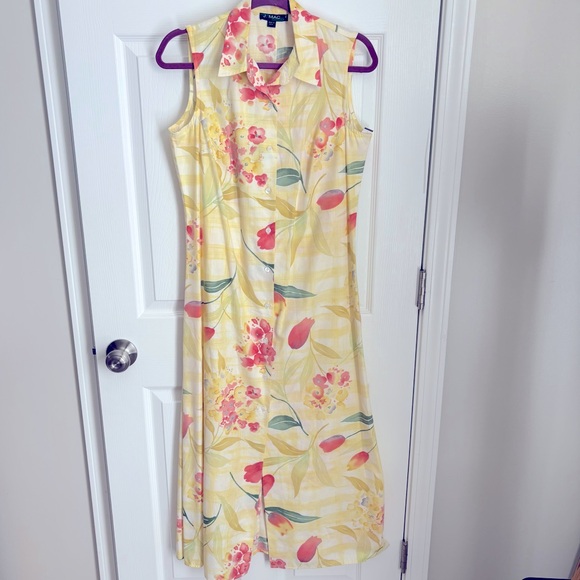 J Mac Dresses & Skirts - VTG J. Mac Butter Yellow Sleeveless Button‎ up Floral Maxi Shirt Dress Size 10